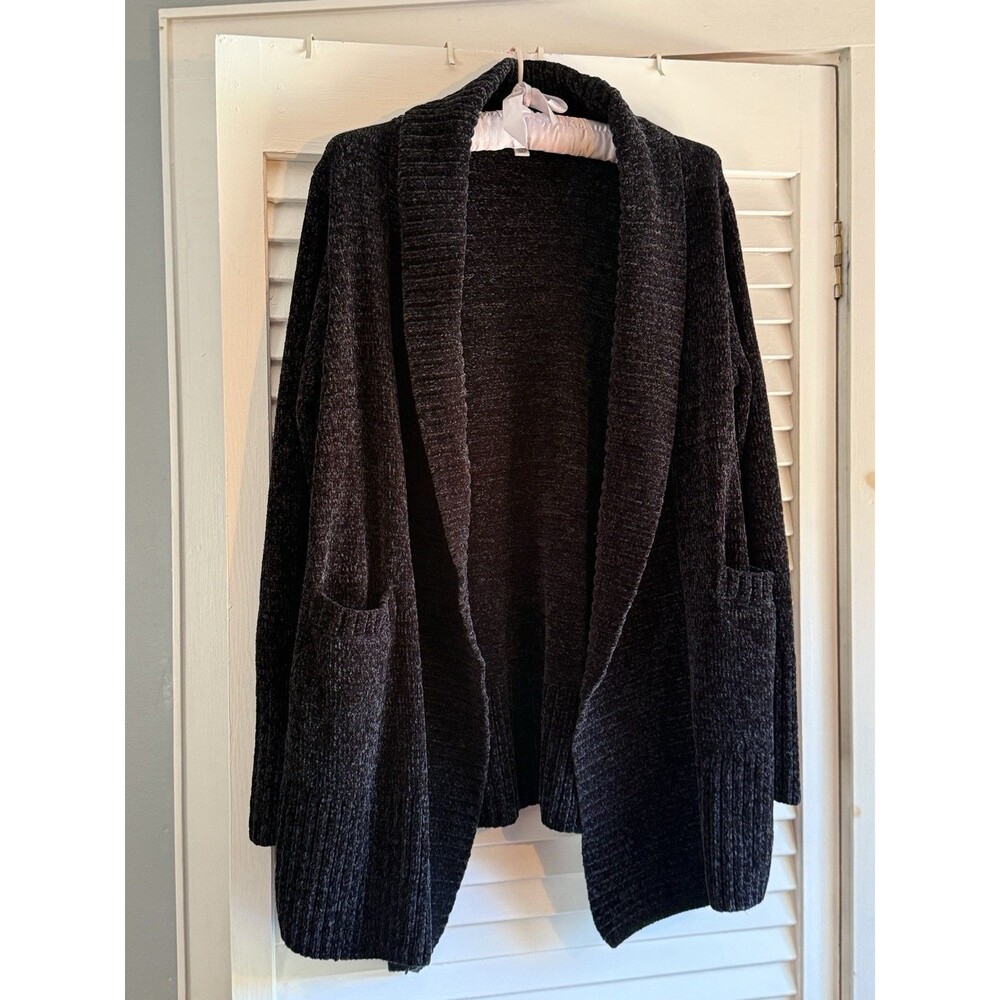 Orvis Chenille Black Open Cardigan L Shawl Collar Pockets Whimsigoth soft lux